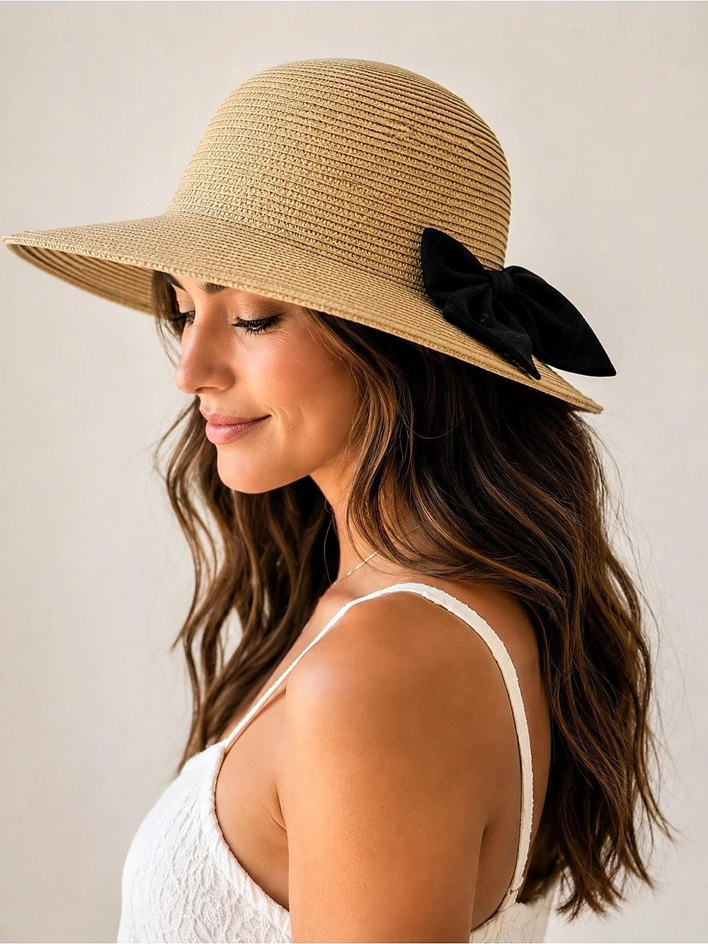 Peter Grimm Wide Brim Straw Sun Hat Black Bow Packable Resort Hat Asjustable